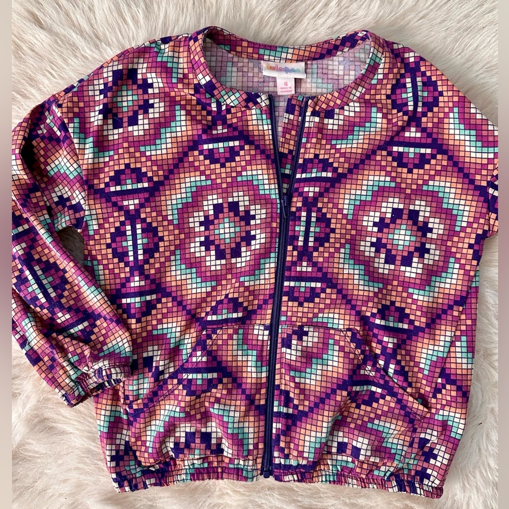 LuLaRoe Jacket Pink Aztec Mosaic Multicolor Color Pattern Girls Size 6